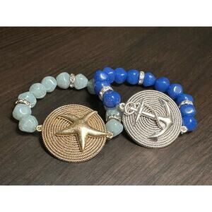 Pair of Coastal Beaded Bracelets Banded Anchor Starfish Fashion Jewelry